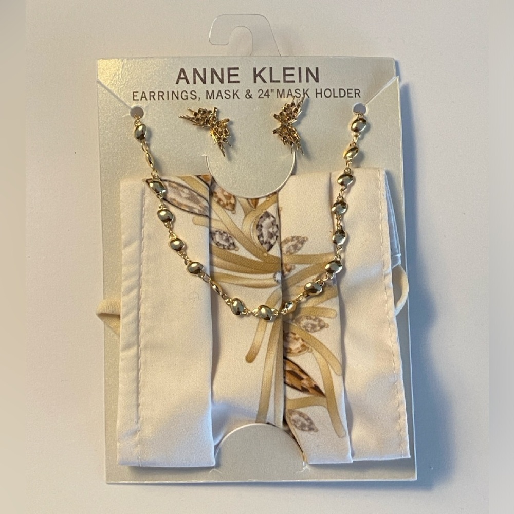 Anne Klein Gold Tone and Crystal Butterfly Earrings and Mask with 24” Mask Chain